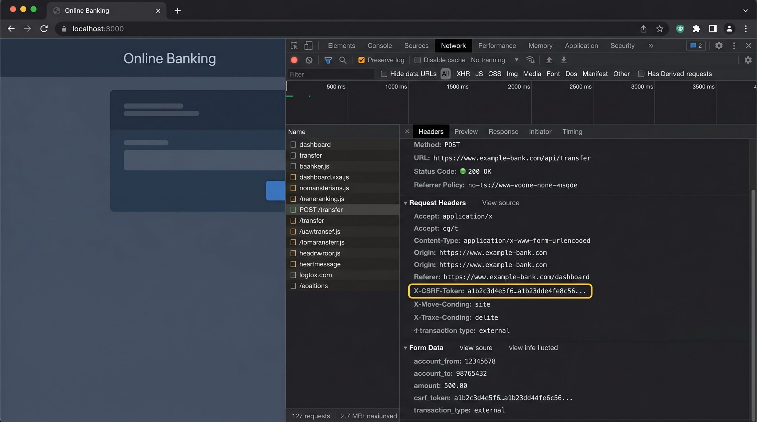 Browser developer tools Network tab showing a forged CSRF POST request