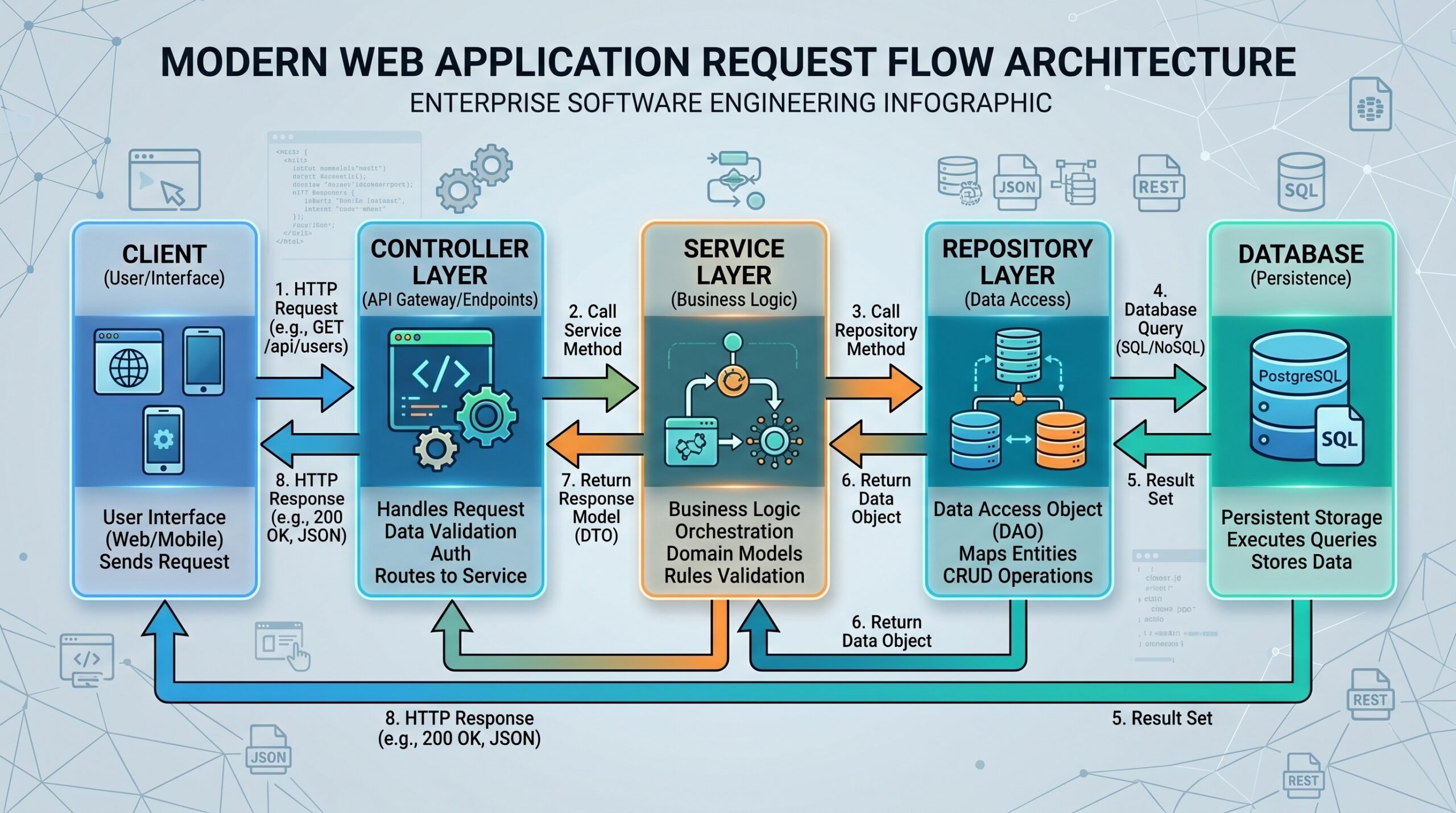 Modern web application request flow diagram showing client, controller, service layer, repository layer, and database with data flow arrows