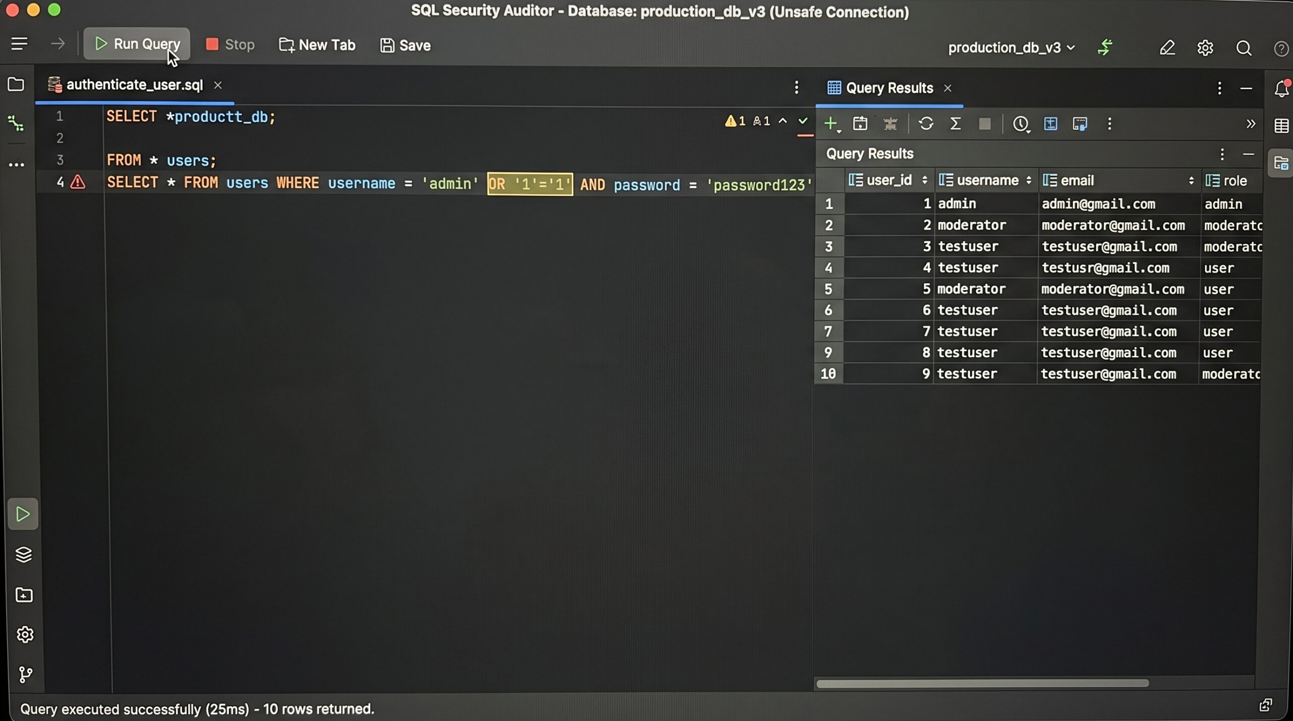 Realistic SQL query execution panel showing a malicious SQL injection payload