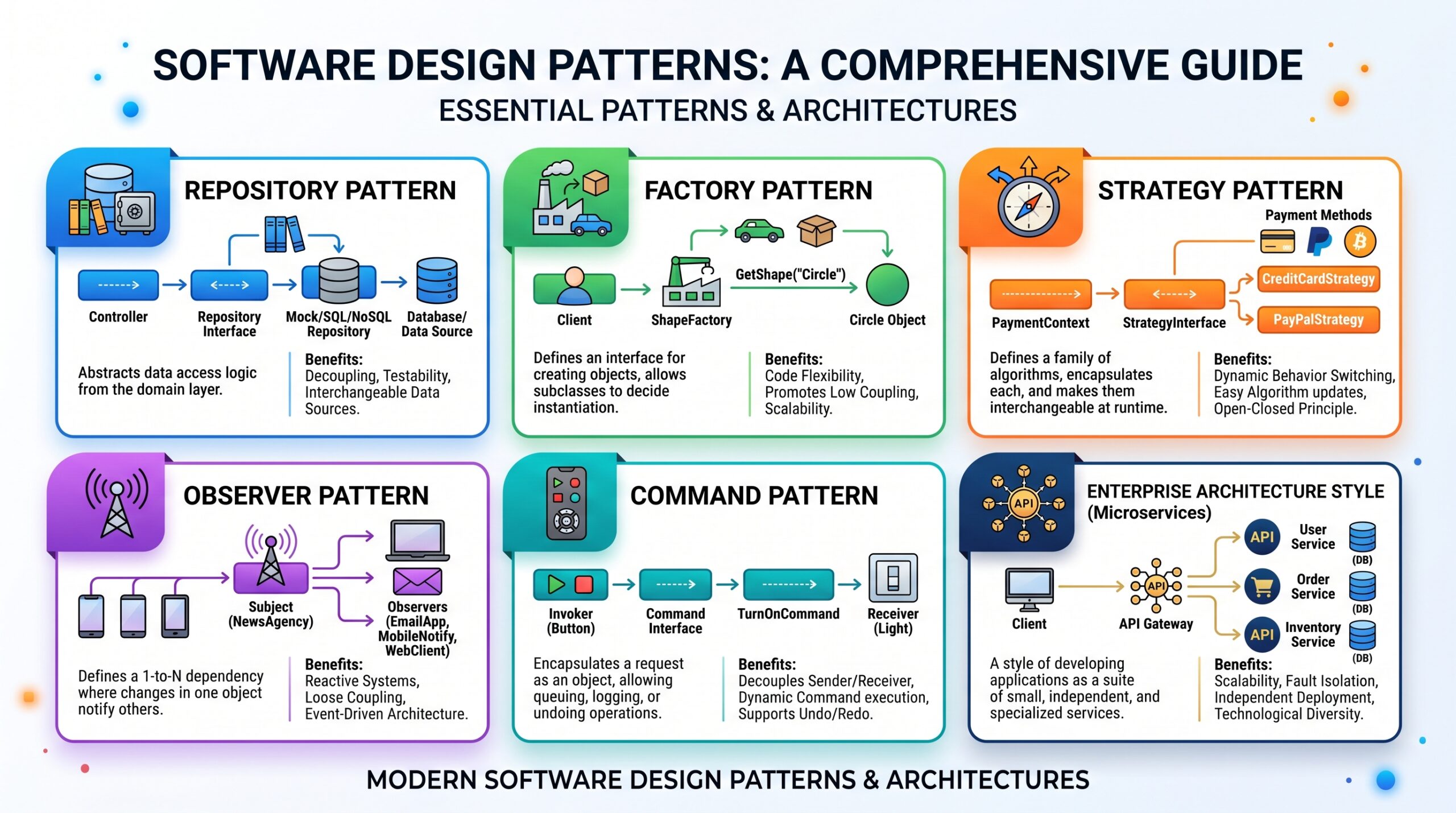 Software design patterns infographic featuring repository, factory, strategy, observer, and command patterns