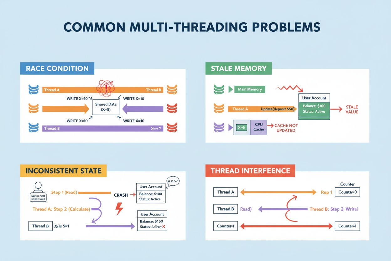 Race Conditions, Concurrency Problems, Multithreading, Mutex Locks, Deadlocks, Thread Safety, Synchronization, Atomic Operations, Shared Memory, Concurrent Programming, Software Concurrency, Locking Mechanisms