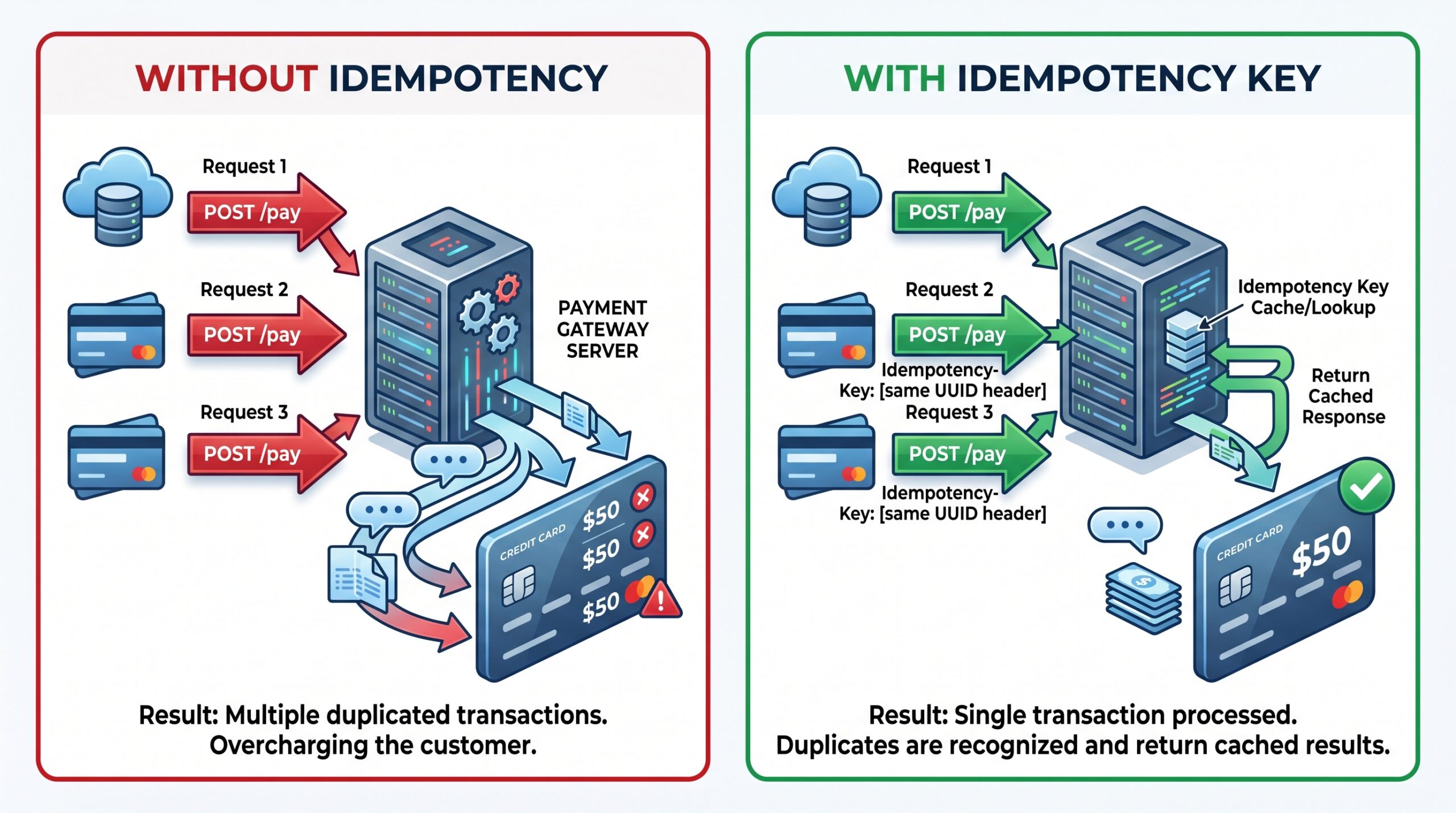 Infographic showing duplicate payments vs idempotency key protection