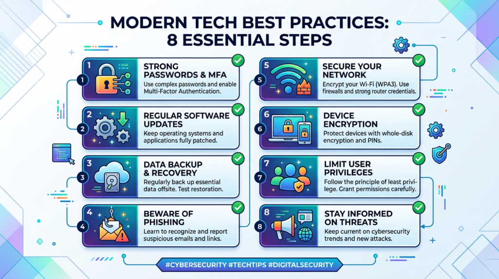 Eight essential cybersecurity best practices including strong passwords, software updates, data backup, phishing awareness, network security, device encryption, user privileges, and staying informed on threats